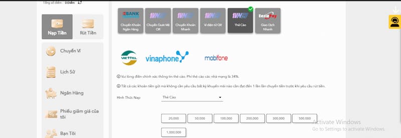 lựa chọn nạp tiền H3BET